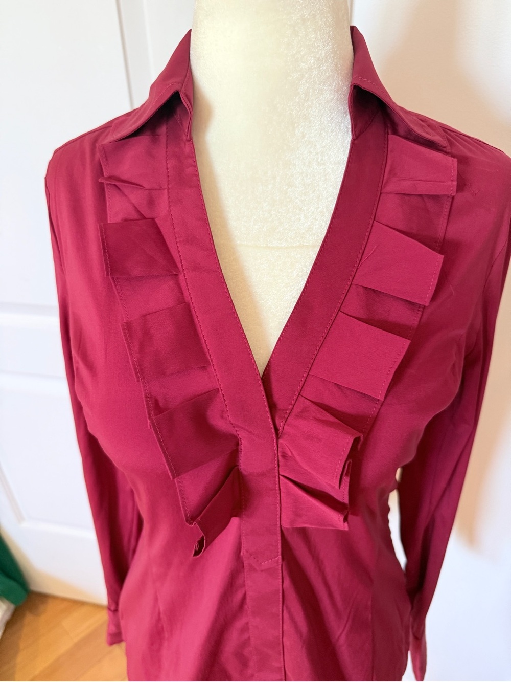 Express Red Ruffle-Trim Button Down Blouse - Picture 2 of 10